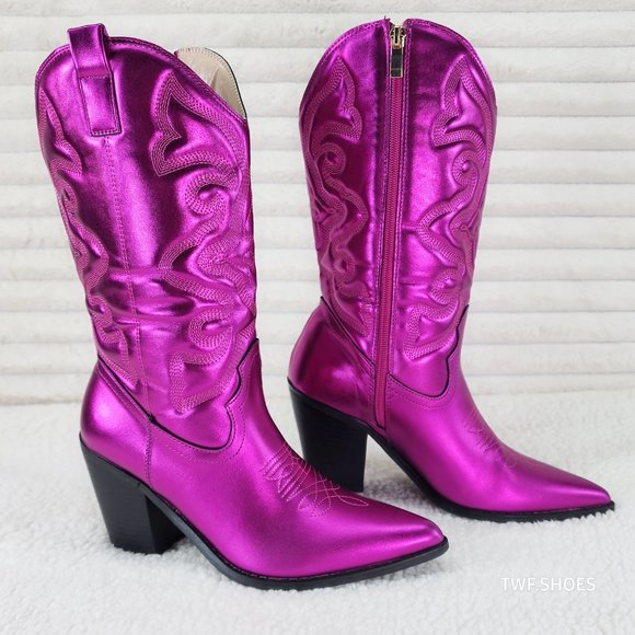 Electric Mid Calf Cowboy Hot Pink Brush Metallic Matte Western Cowgirl Boots - Picture 3 of 8